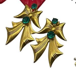 Set of Vintage 80s Gold Green Rhinestone Holiday Bow Earrings 2 in